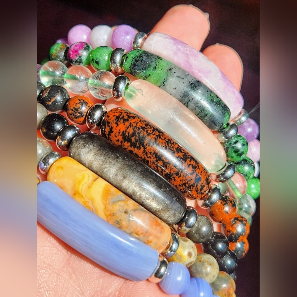 Genuine Crystal Beaded Bangle Stretch Bracelet Agate Quartz Obsidian Ruby Gem - Picture 2 of 10